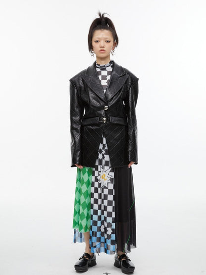 QUORRA S CHORD Black White Checkerboard Green Colorblock Asymmetrical Women&
