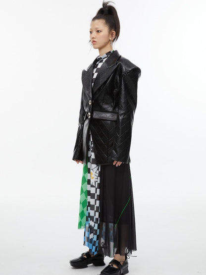 QUORRA S CHORD Black White Checkerboard Green Colorblock Asymmetrical Women&