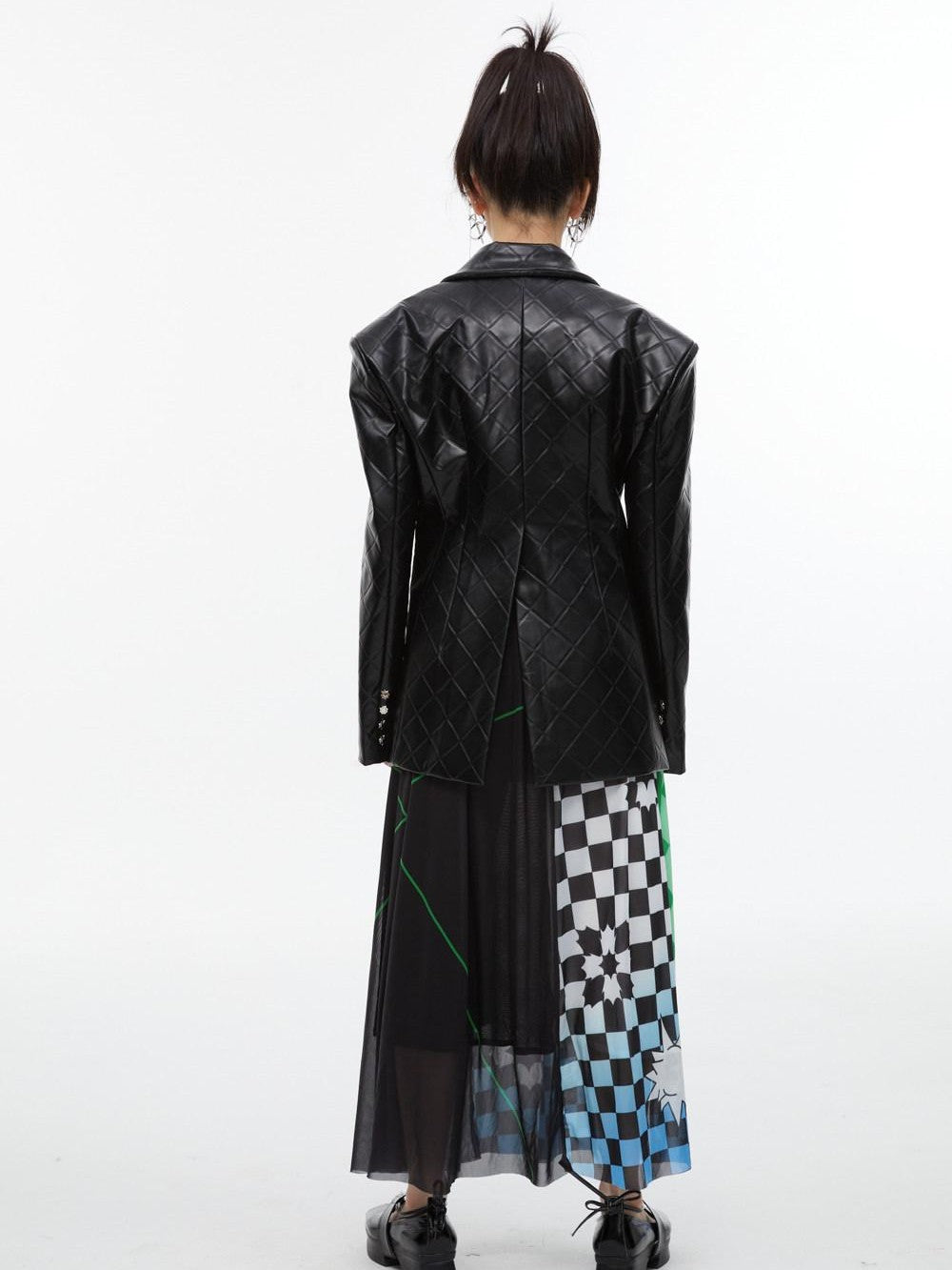 QUORRA S CHORD Black White Checkerboard Green Colorblock Asymmetrical Women&