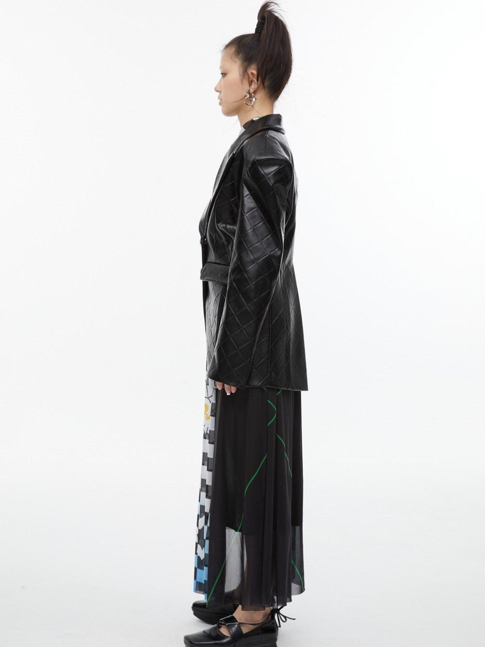 QUORRA S CHORD Black White Checkerboard Green Colorblock Asymmetrical Women&