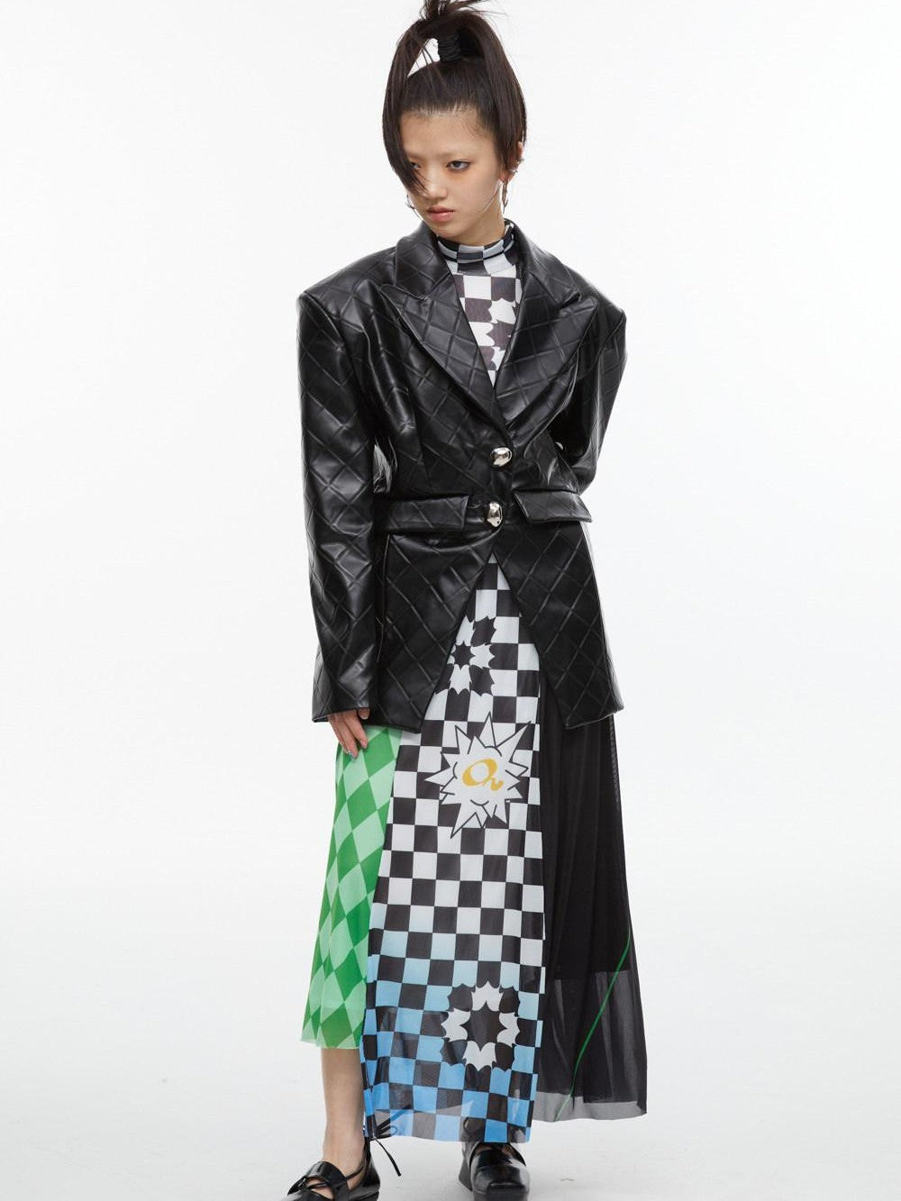 QUORRA S CHORD Black White Checkerboard Green Colorblock Asymmetrical Women&
