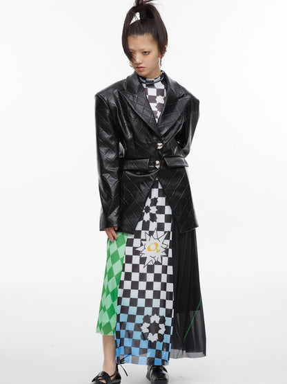 QUORRA S CHORD Black White Checkerboard Green Colorblock Asymmetrical Women&