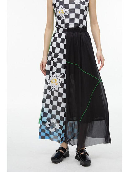 QUORRA S CHORD Black White Checkerboard Green Colorblock Asymmetrical Women&