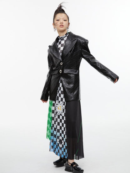 QUORRA S CHORD Black White Checkerboard Green Colorblock Asymmetrical Women&