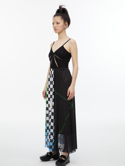 QUORRA S CHORD Black White Checkerboard Green Colorblock Asymmetrical Women&