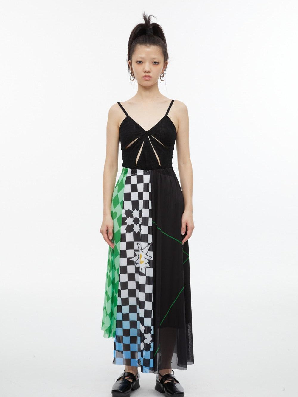QUORRA S CHORD Black White Checkerboard Green Colorblock Asymmetrical Women&