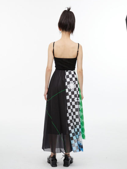 QUORRA S CHORD Black White Checkerboard Green Colorblock Asymmetrical Women&