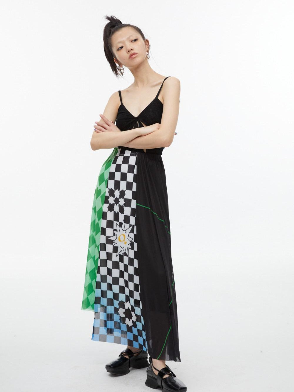 QUORRA S CHORD Black White Checkerboard Green Colorblock Asymmetrical Women&