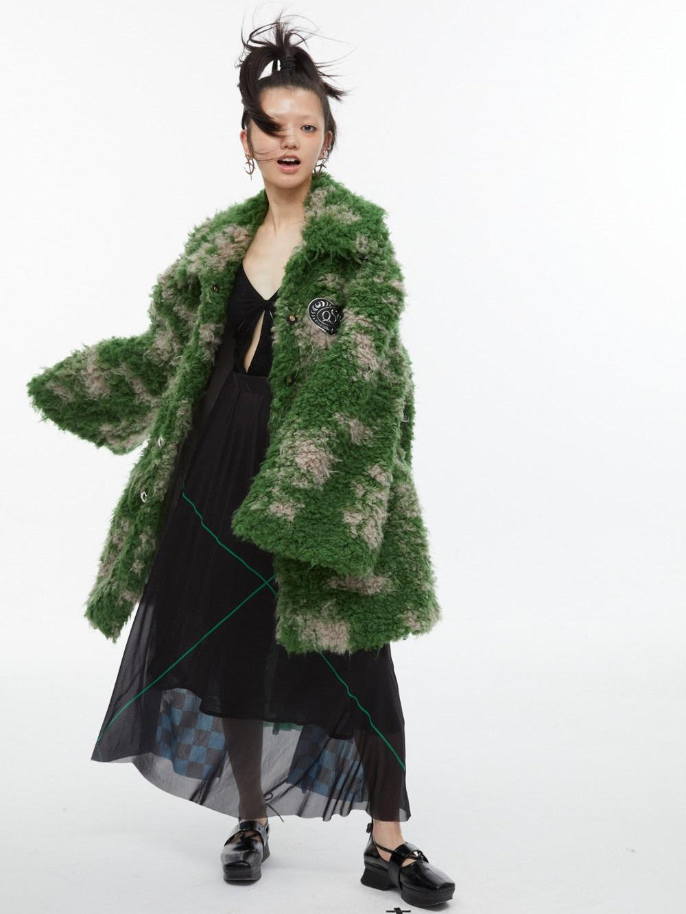 QUORRA S CHORD Black White Checkerboard Green Colorblock Asymmetrical Women&