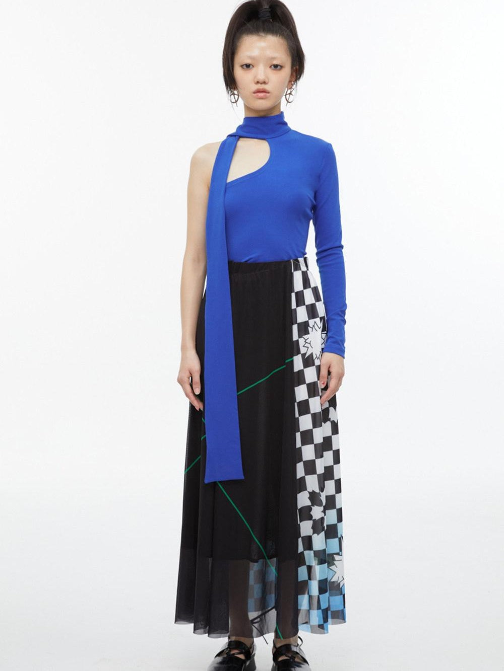 QUORRA S CHORD Black White Checkerboard Green Colorblock Asymmetrical Women&