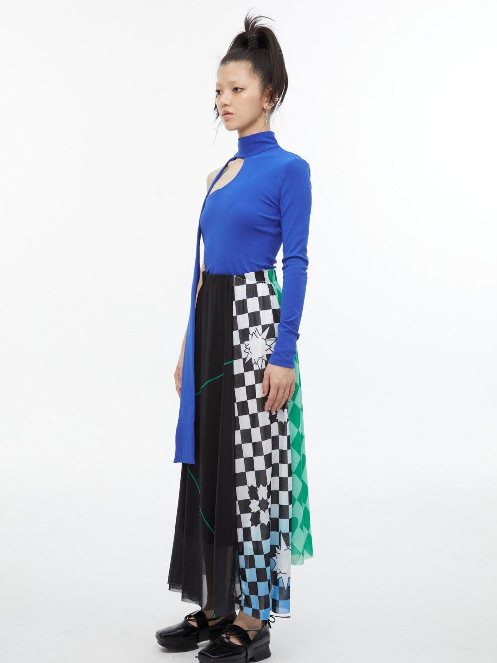 QUORRA S CHORD Black White Checkerboard Green Colorblock Asymmetrical Women&