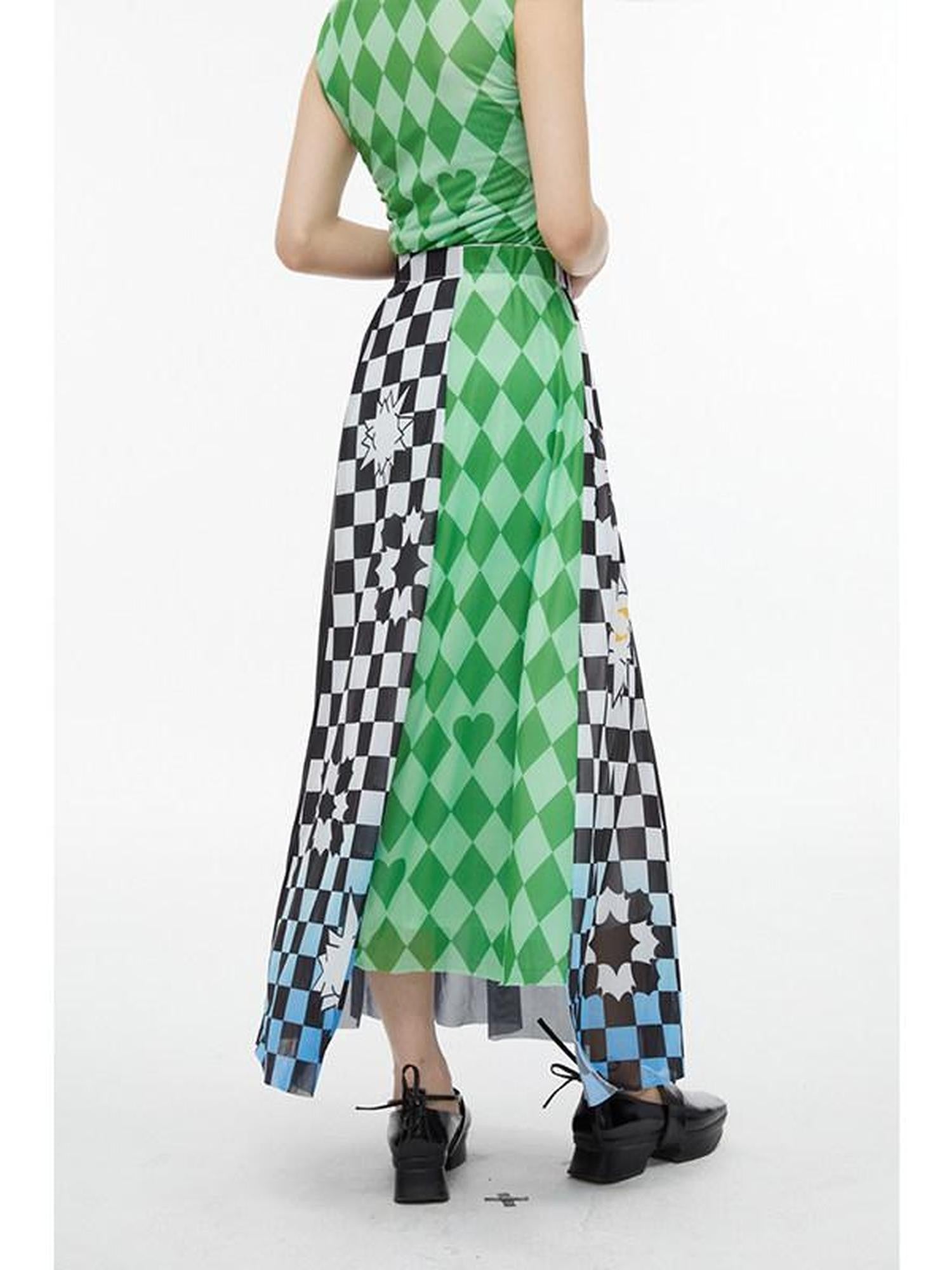 QUORRA S CHORD Black White Checkerboard Green Colorblock Asymmetrical Women&