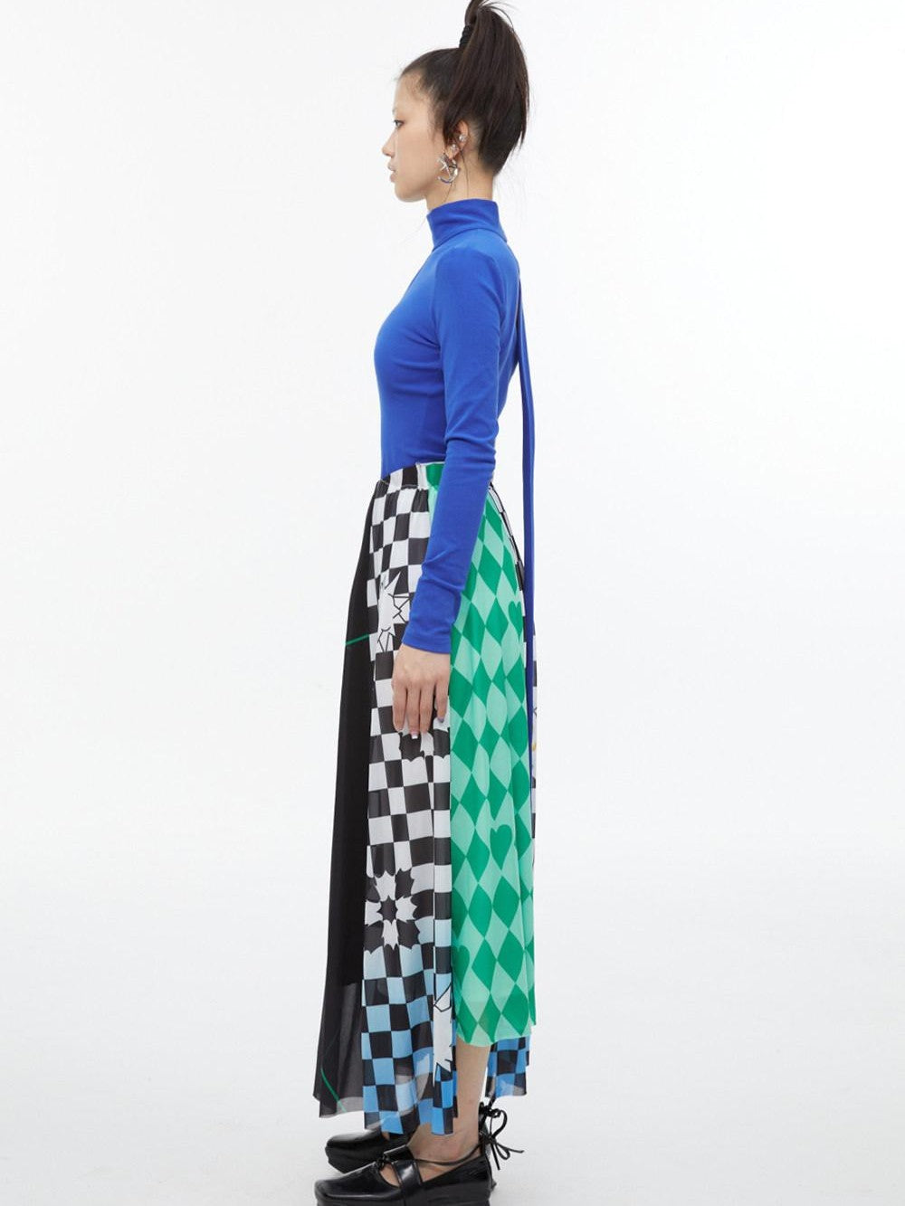 QUORRA S CHORD Black White Checkerboard Green Colorblock Asymmetrical Women&