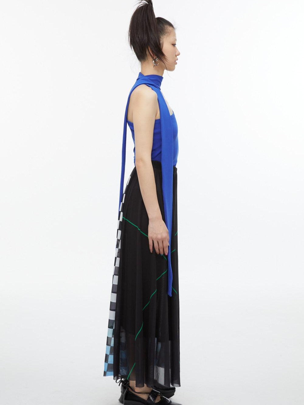 QUORRA S CHORD Black White Checkerboard Green Colorblock Asymmetrical Women&