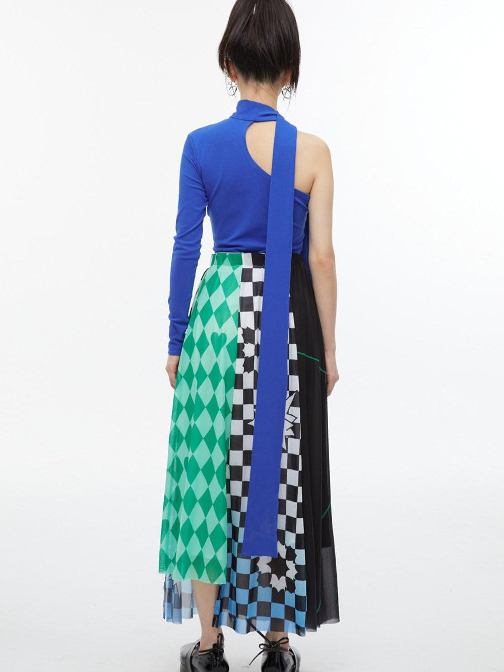QUORRA S CHORD Black White Checkerboard Green Colorblock Asymmetrical Women&