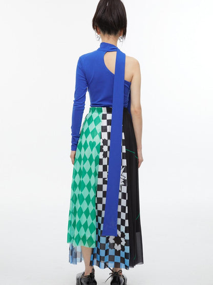 QUORRA S CHORD Black White Checkerboard Green Colorblock Asymmetrical Women&