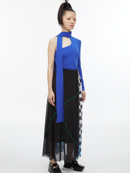 QUORRA S CHORD Black White Checkerboard Green Colorblock Asymmetrical Women&