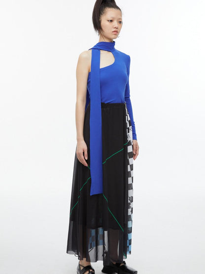 QUORRA S CHORD Black White Checkerboard Green Colorblock Asymmetrical Women&
