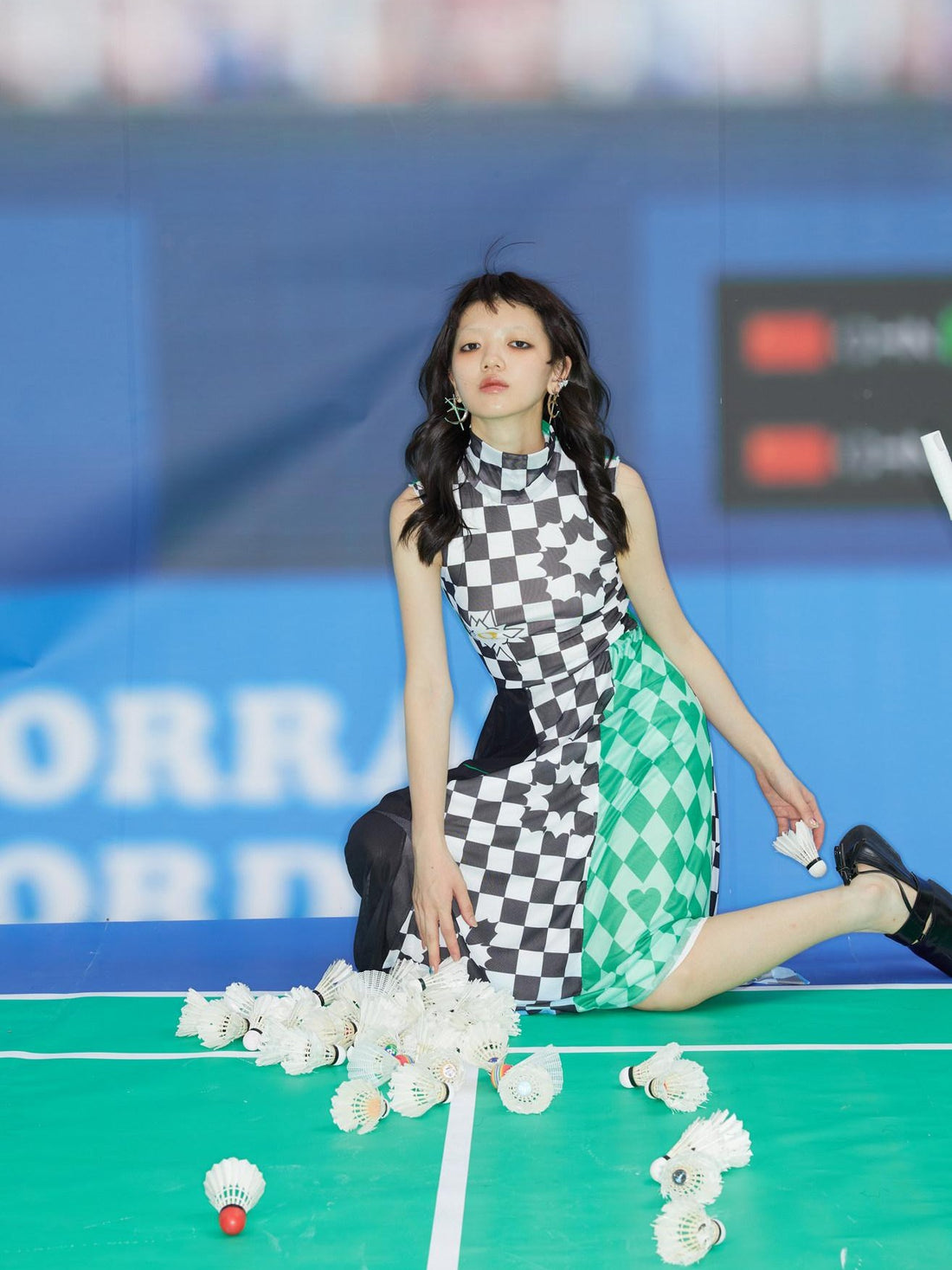 QUORRA S CHORD Black White Checkerboard Green Colorblock Asymmetrical Women&