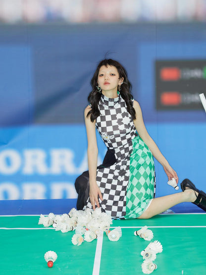 QUORRA S CHORD Black White Checkerboard Green Colorblock Asymmetrical Women&