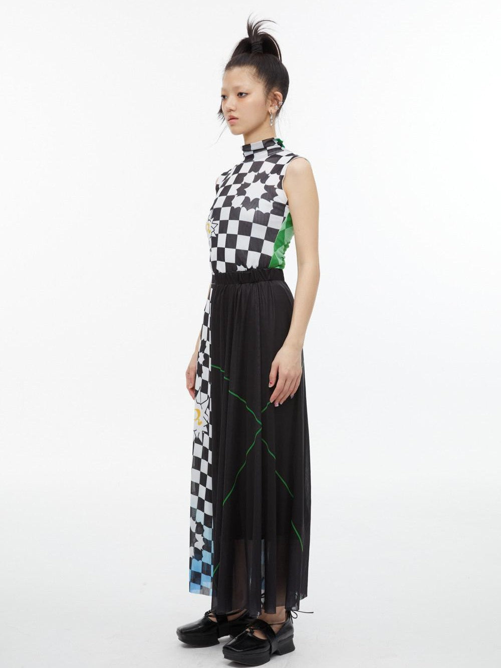 QUORRA S CHORD Black White Checkerboard Green Colorblock Asymmetrical Women&