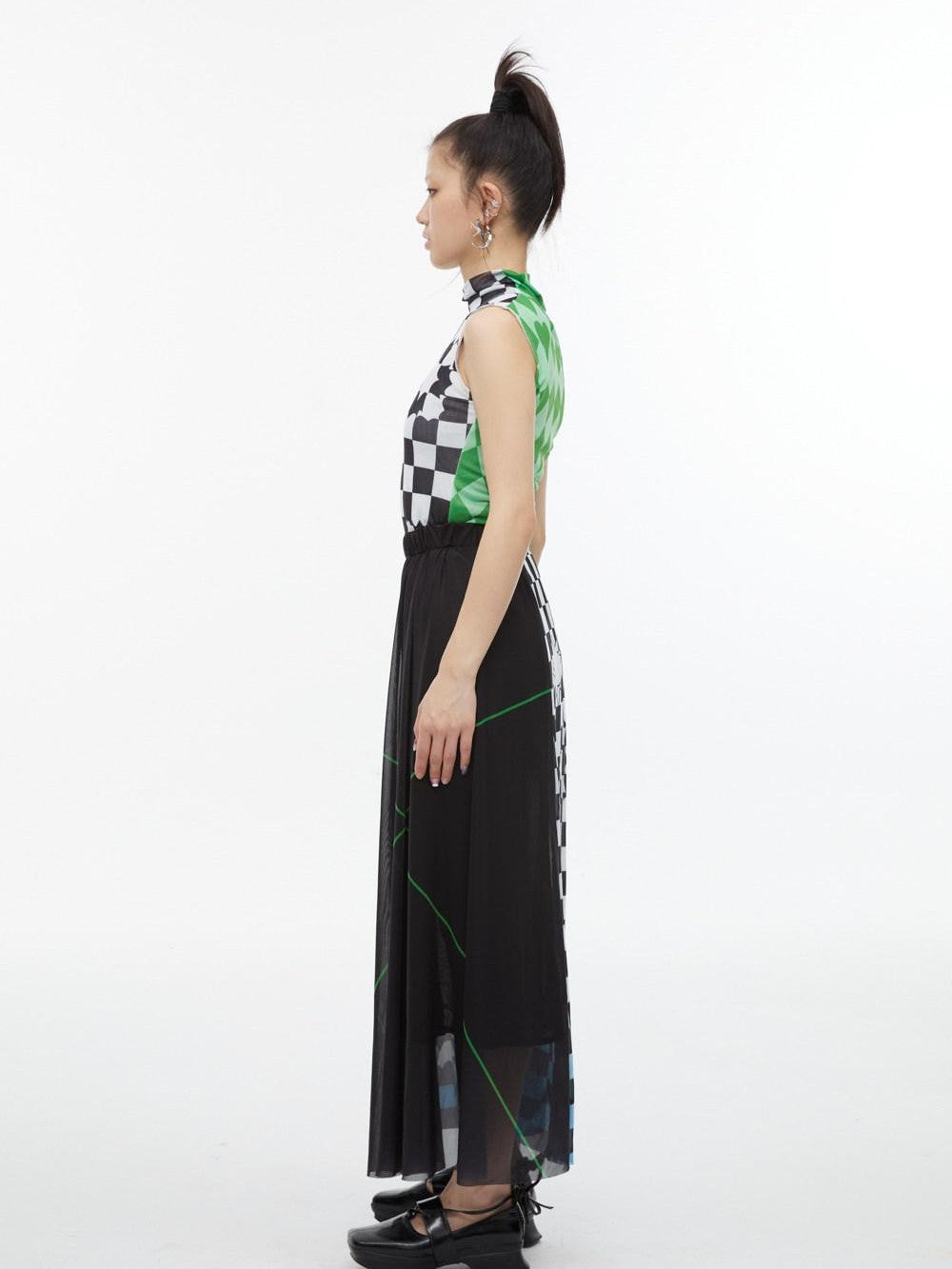 QUORRA S CHORD Black White Checkerboard Green Colorblock Asymmetrical Women&