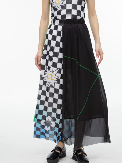 QUORRA S CHORD Black White Checkerboard Green Colorblock Asymmetrical Women&