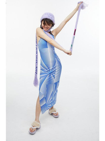 QUORRA S CHORD Blue Fan Shaped Psychedelic Print Backless Slit Women&