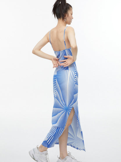 QUORRA S CHORD Blue Fan Shaped Psychedelic Print Backless Slit Women&