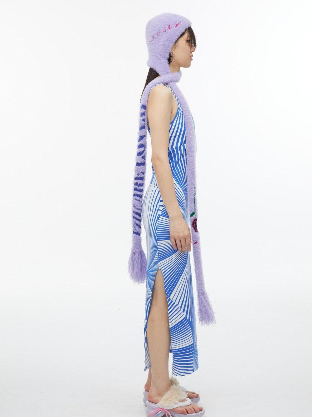 QUORRA S CHORD Blue Fan Shaped Psychedelic Print Backless Slit Women&