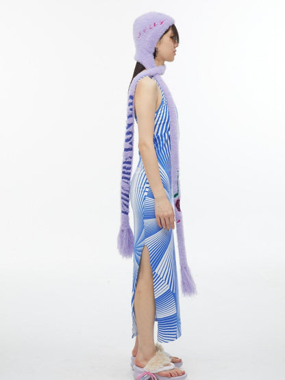 QUORRA S CHORD Blue Fan Shaped Psychedelic Print Backless Slit Women&