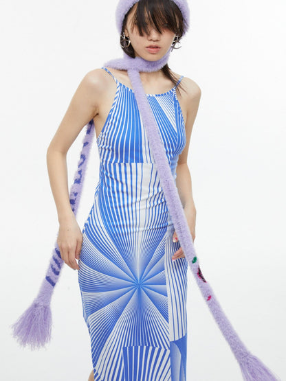QUORRA S CHORD Blue Fan Shaped Psychedelic Print Backless Slit Women&