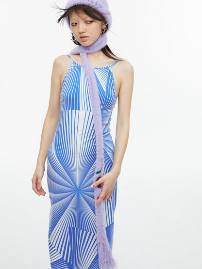 QUORRA S CHORD Blue Fan Shaped Psychedelic Print Backless Slit Women&