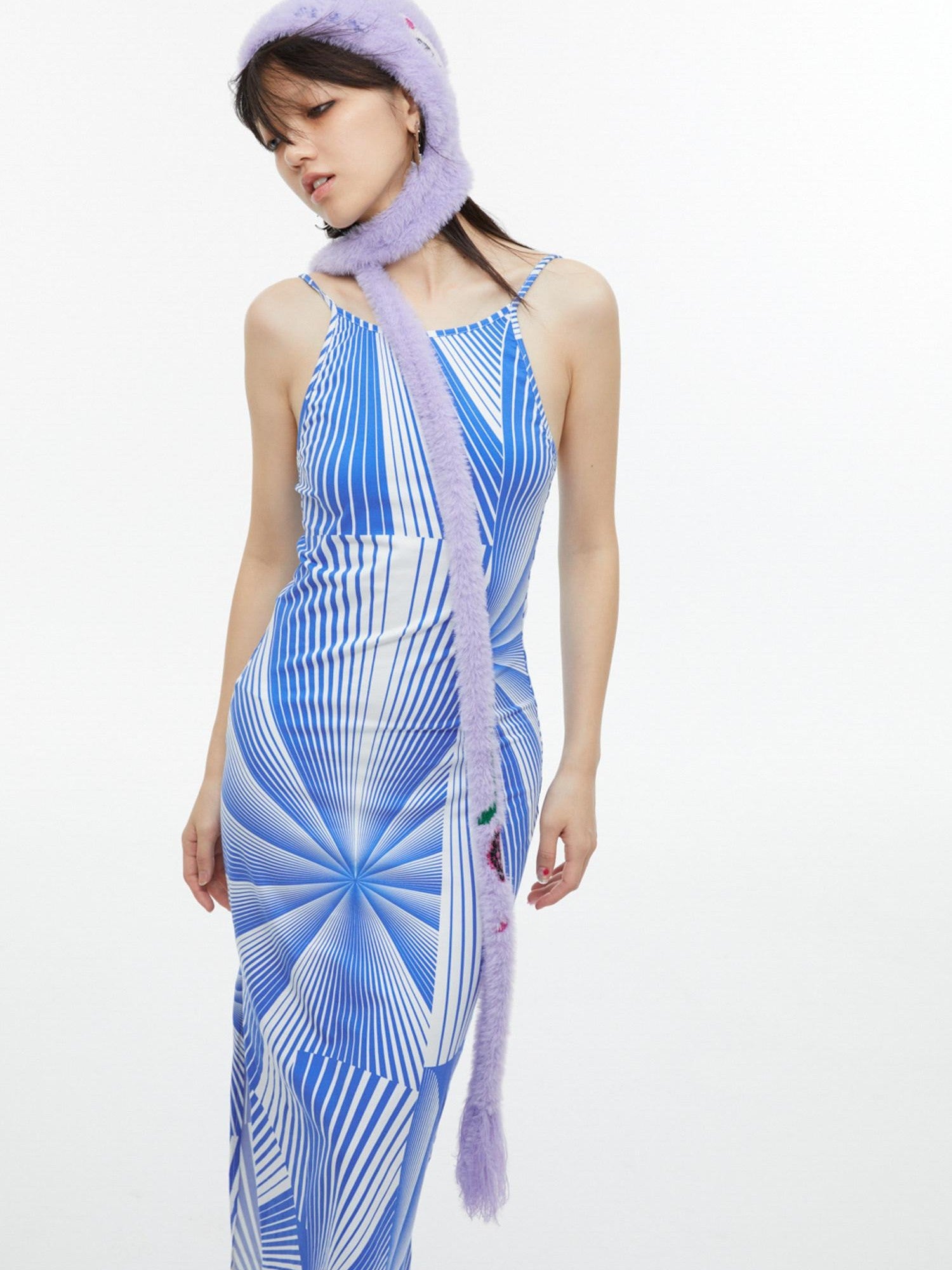 QUORRA S CHORD Blue Fan Shaped Psychedelic Print Backless Slit Women&