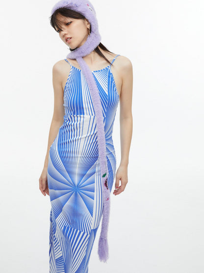 QUORRA S CHORD Blue Fan Shaped Psychedelic Print Backless Slit Women&