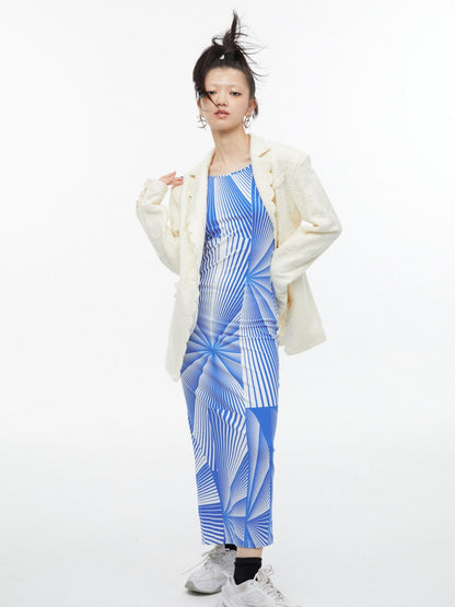 QUORRA S CHORD Blue Fan Shaped Psychedelic Print Backless Slit Women&