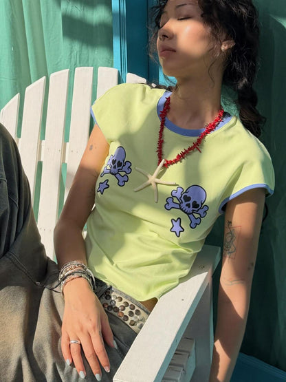 QUORRA S CHORD Blue Green Heart Skull Contrast Piping Cropped Women&