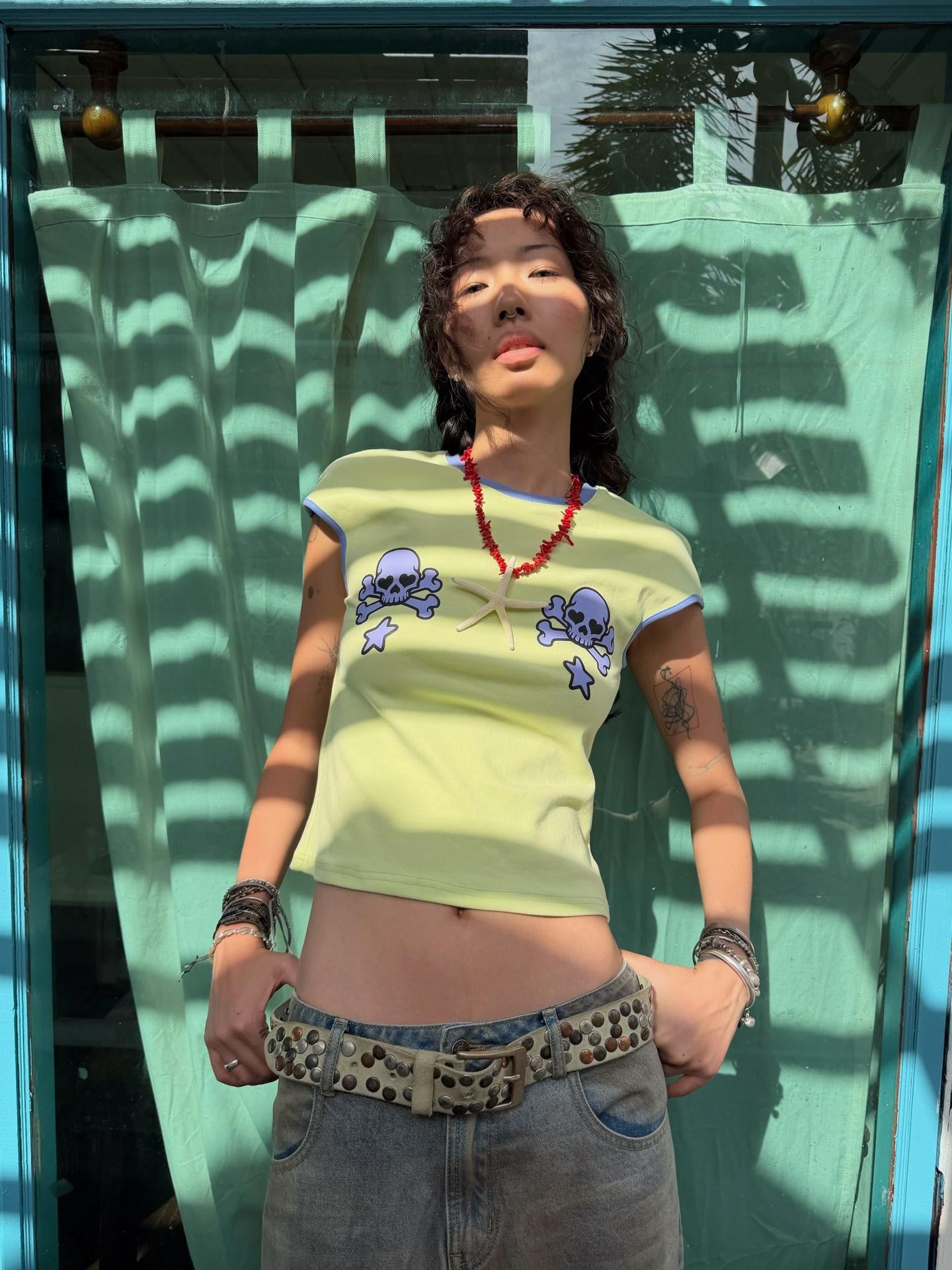 QUORRA S CHORD Blue Green Heart Skull Contrast Piping Cropped Women&