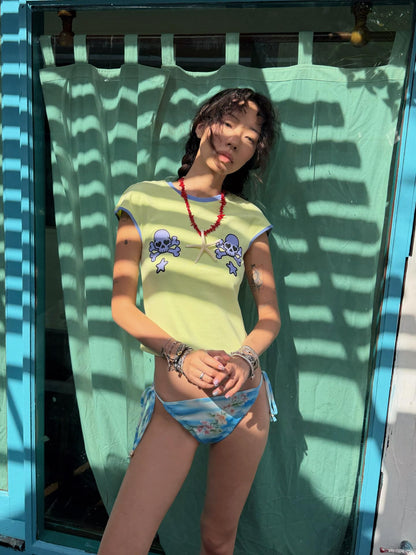 QUORRA S CHORD Blue Green Heart Skull Contrast Piping Cropped Women&