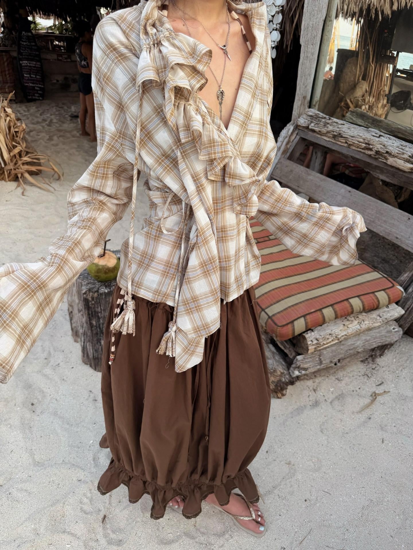 QUORRA S CHORD Brown Elastic Waist Drawstring Pockets Tulip Hem Women&