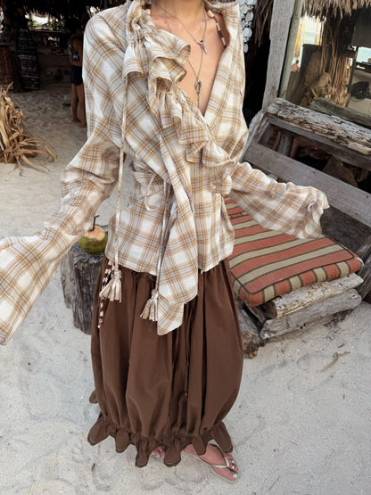 QUORRA S CHORD Brown Elastic Waist Drawstring Pockets Tulip Hem Women&