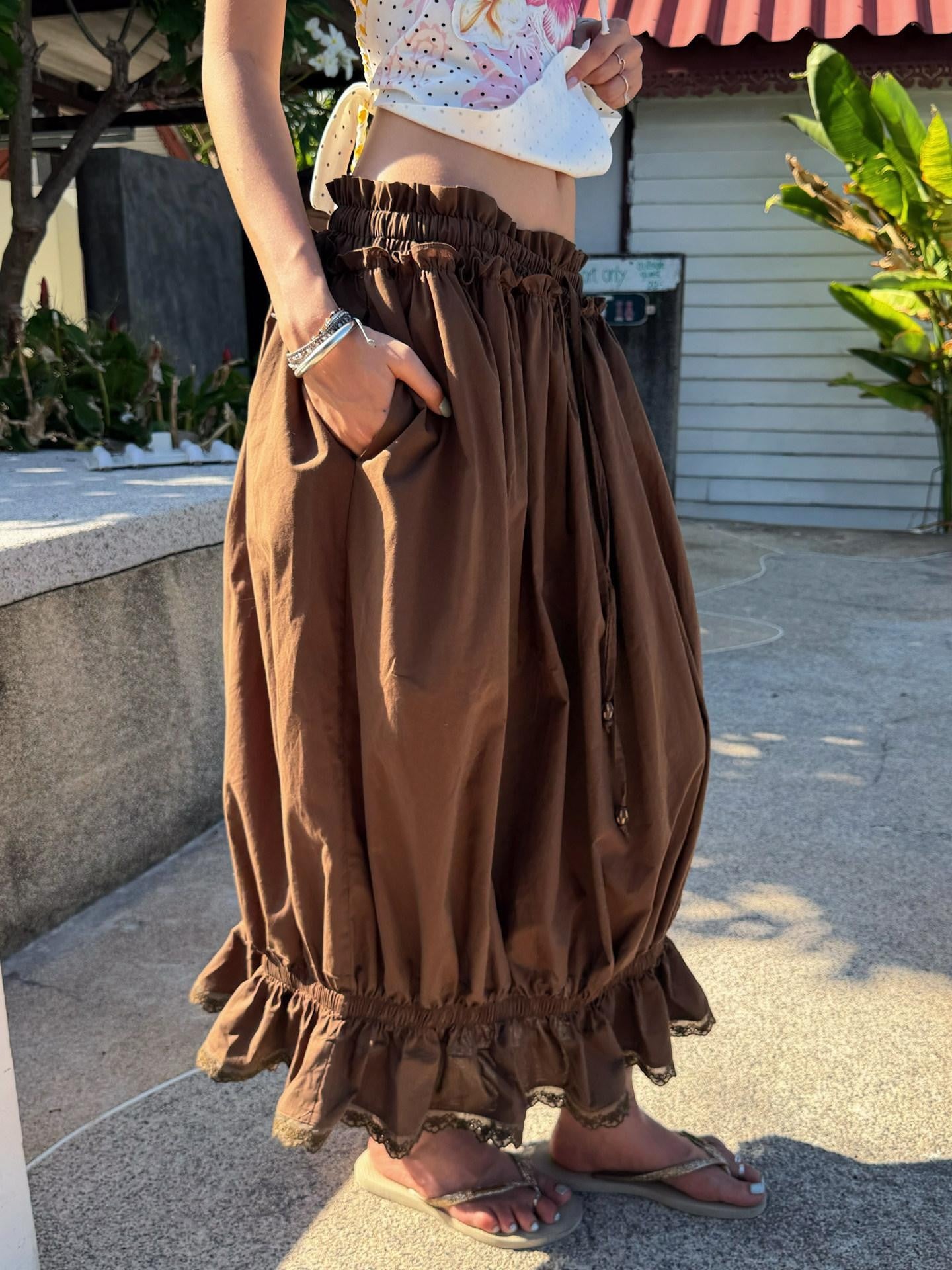 QUORRA S CHORD Brown Elastic Waist Drawstring Pockets Tulip Hem Women&