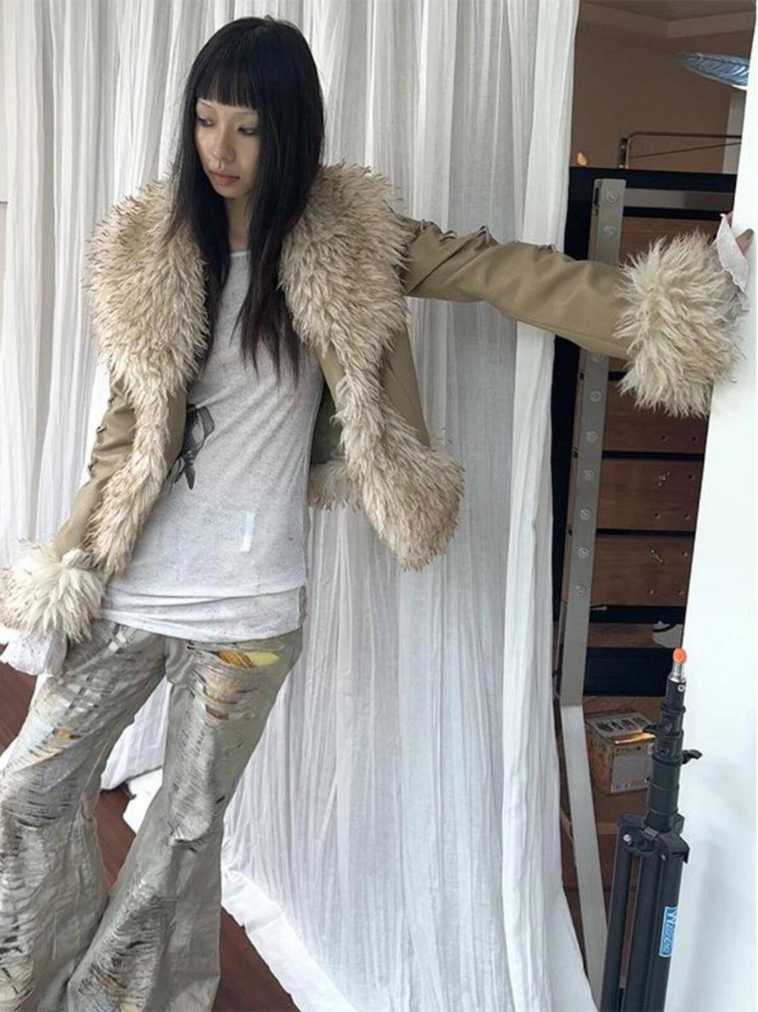 QUORRA S CHORD Brown Fur Collar Waist Tie Bell Sleeves Women&