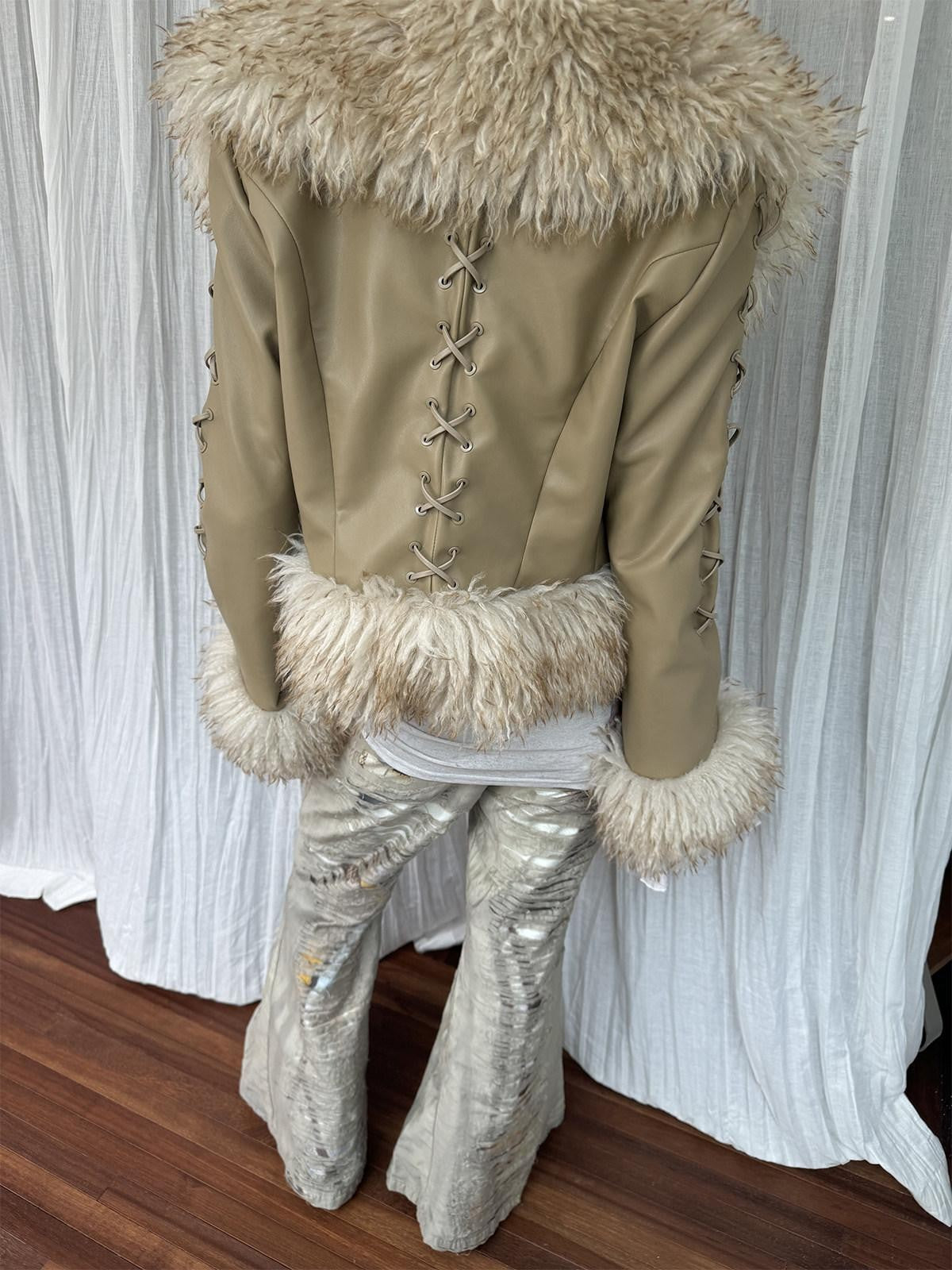 QUORRA S CHORD Brown Fur Collar Waist Tie Bell Sleeves Women&