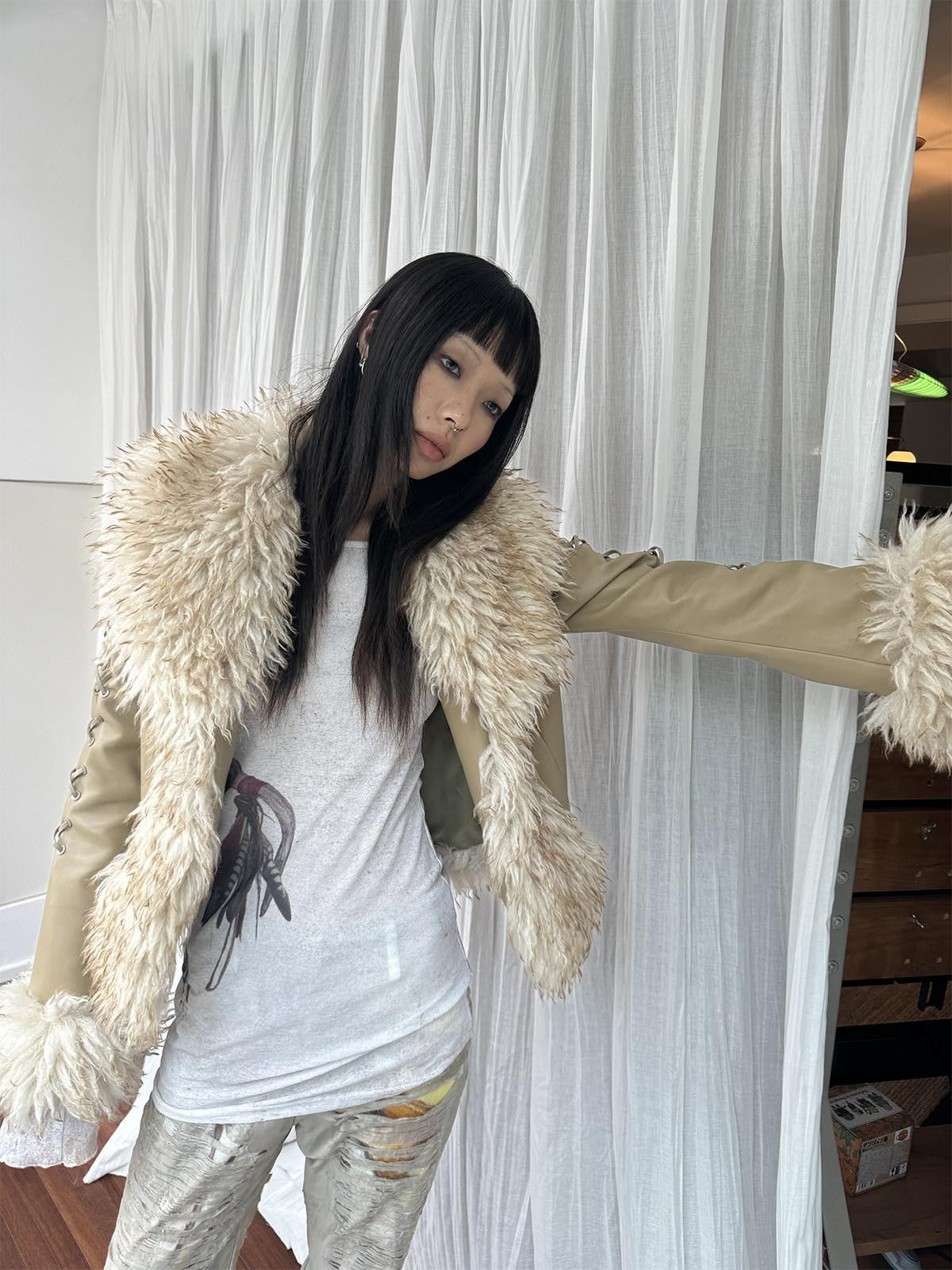 QUORRA S CHORD Brown Fur Collar Waist Tie Bell Sleeves Women&