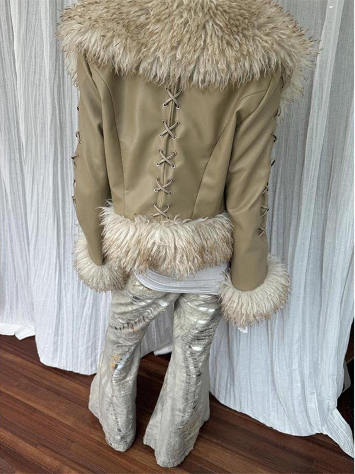 QUORRA S CHORD Brown Fur Collar Waist Tie Bell Sleeves Women&