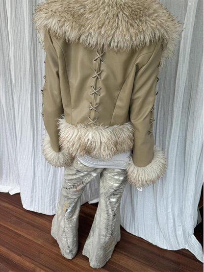QUORRA S CHORD Brown Fur Collar Waist Tie Bell Sleeves Women&