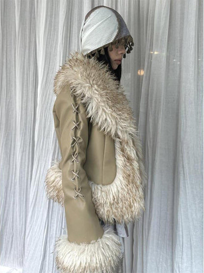 QUORRA S CHORD Brown Fur Collar Waist Tie Bell Sleeves Women&