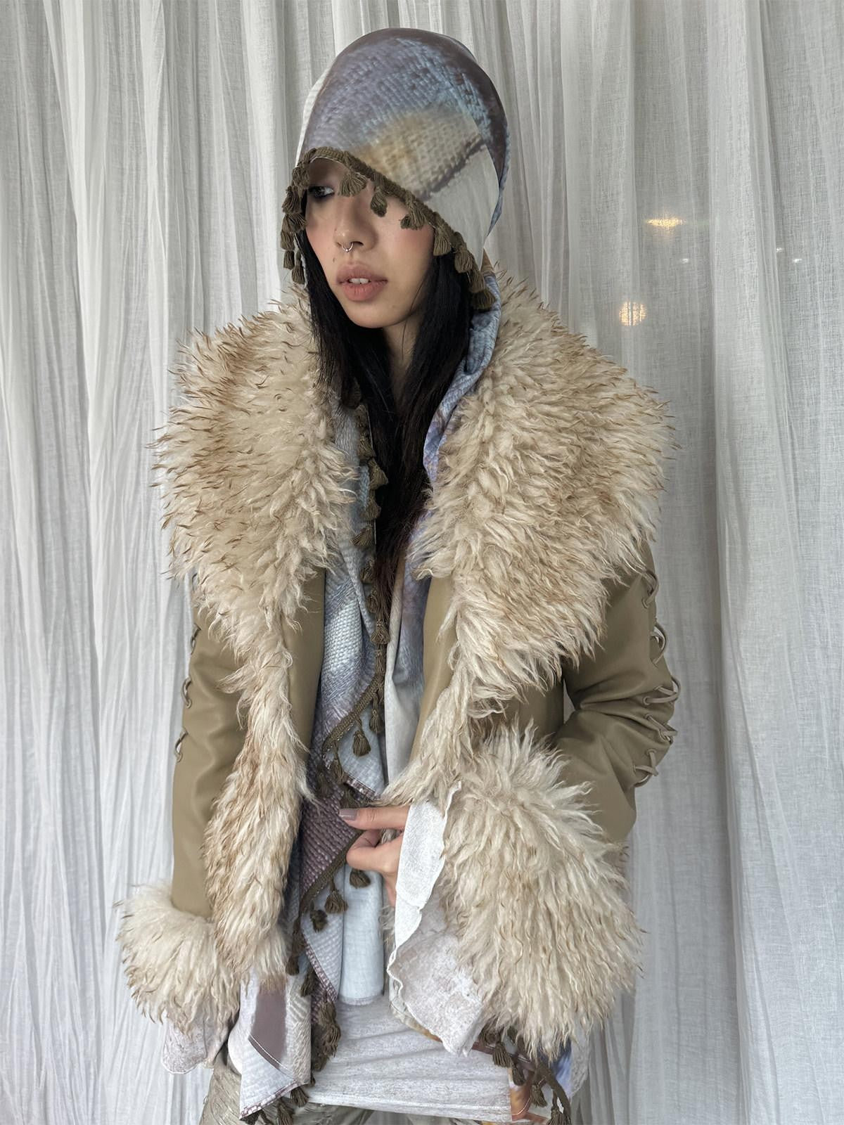 QUORRA S CHORD Brown Fur Collar Waist Tie Bell Sleeves Women&
