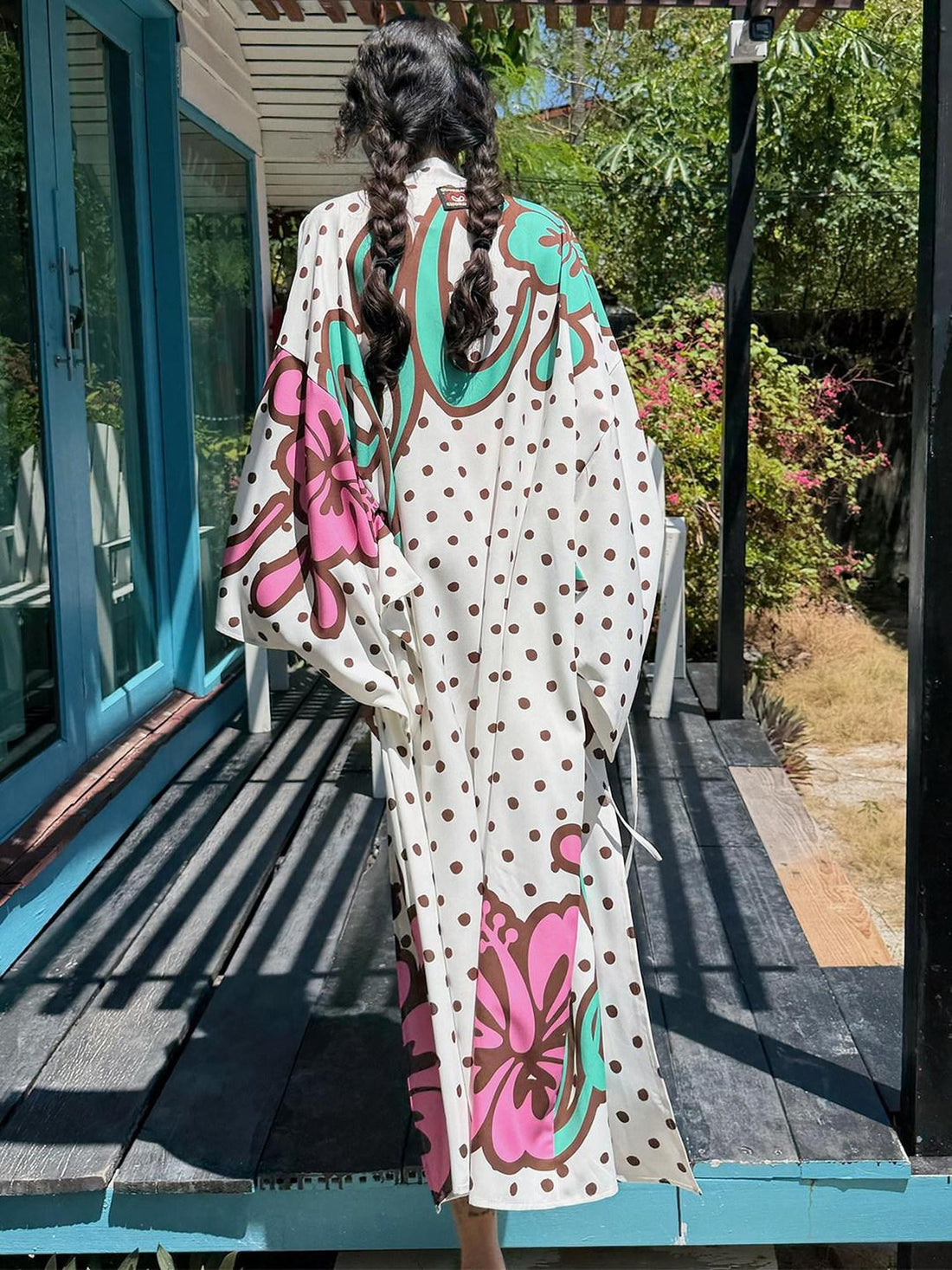 QUORRA S CHORD Brown Graffiti Polka Dot Hibiscus Colorblock Tie Waist Kimono Women&